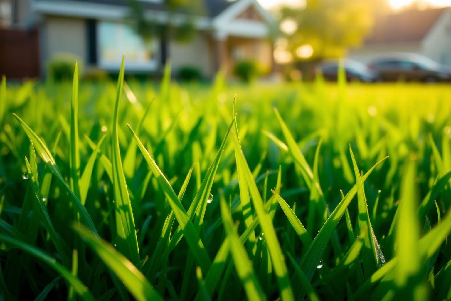 Lush, healthy green lawn in front of a suburban home at golden hour